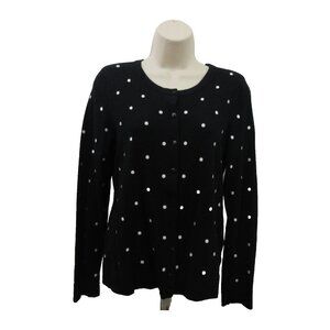 Charter Club Cardigan Sweater PM Black White Embroidered Polka Dot Button Front